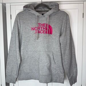 The North Face Womens Medium Gray Pullover Hoodie Pink Logo Fleece Sweatshirt
